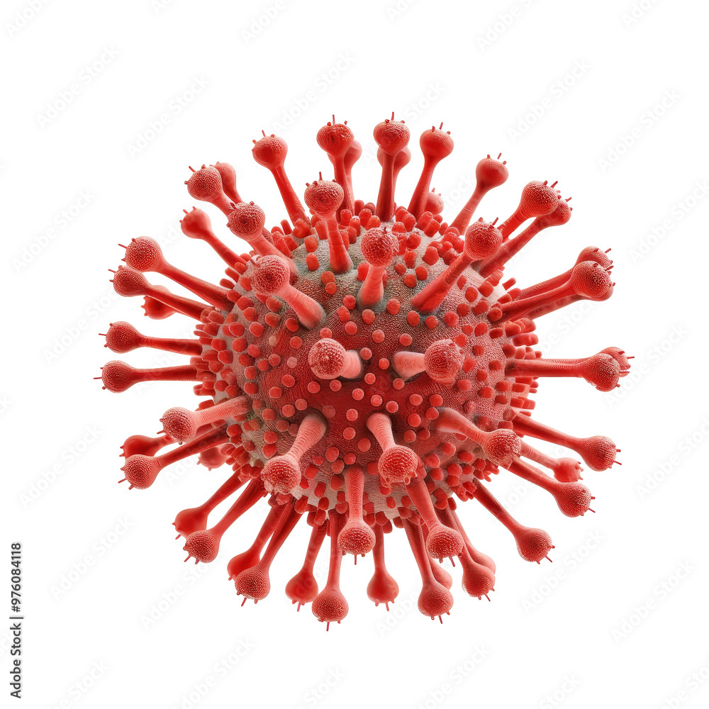 Detailed representation of a virus model illustrating spikes on a red spherical body against a transparent background Detailed representation of a virus model illustrating spikes on a red spherical body against a transparent background