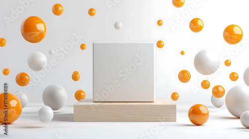 A white cube podium is accented by orange and white spheres, forming a striking abstract display. photo