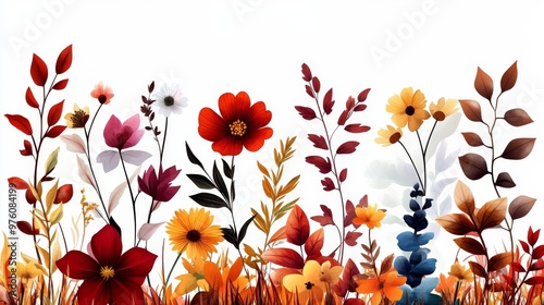 A vibrant border of autumn wildflowers in various shades of red, orange, and yellow.  These blossoms symbolize the beauty and change of seasons,  representing nature's cycle, growth, and renewal. photo