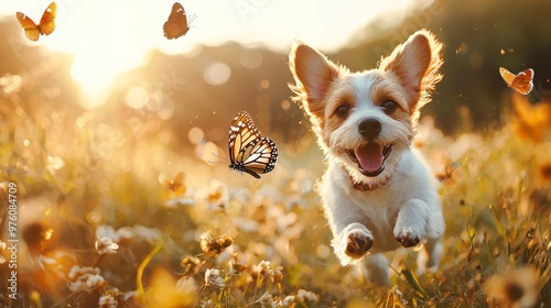 Happy Dog Running Through Summer Meadow with Butterflies