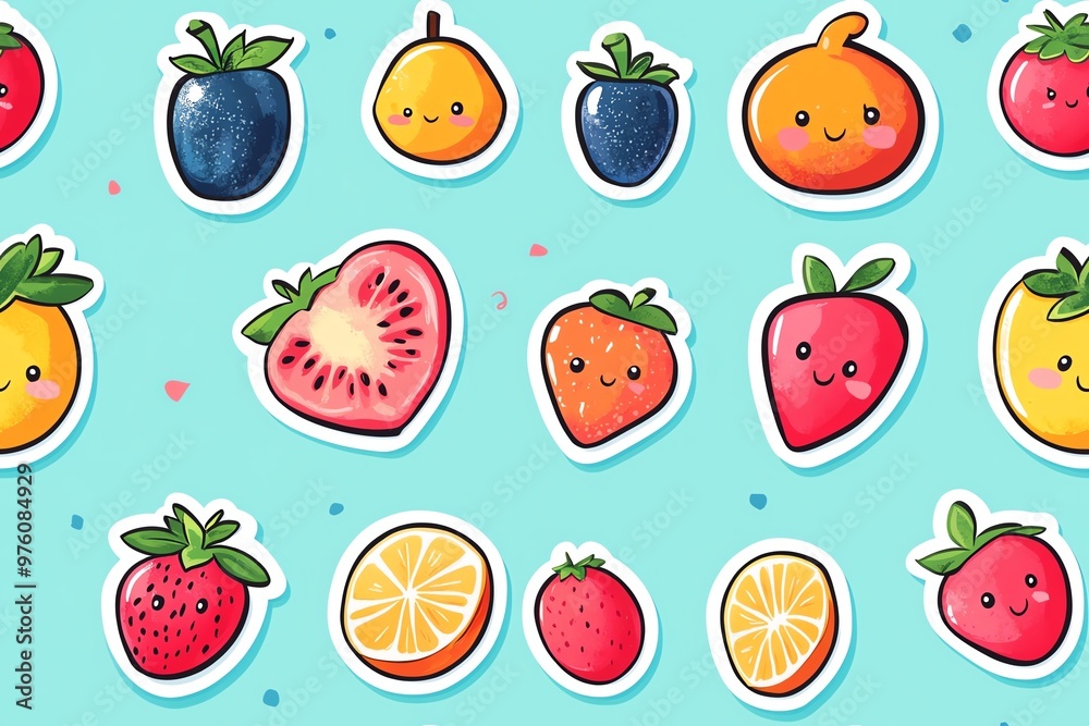 A colorful collection of cute fruit stickers featuring strawberries, lemons, oranges, and more on a bright blue background. A colorful collection of cute fruit stickers featuring strawberries, lemons, oranges, and more on a bright blue background.