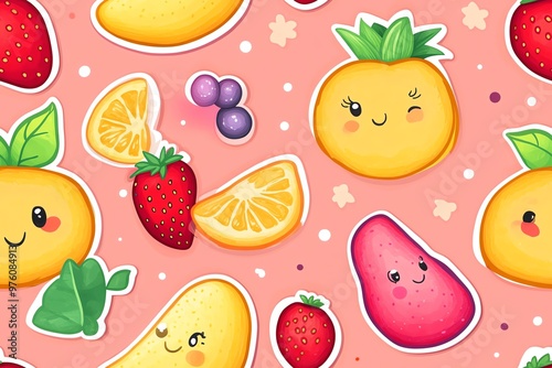 Cute and colorful fruit pattern illustration featuring smiling fruits on a vibrant pink background.