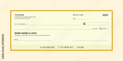 Blank bank check, checkbook cheque template or money payment paper voucher, vector mockup. Business or personal account cash pay cheque certificate or paycheck coupon from checkbook