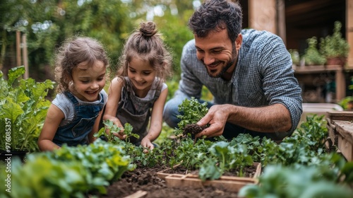 Happy Family Planting Vegetables in Garden