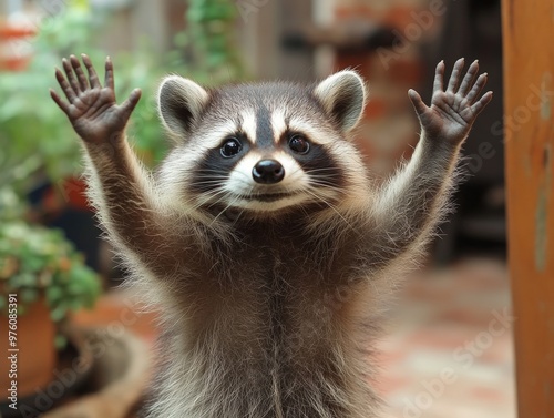 A raccoon with its hands raised stands in a garden area, displaying a charming, playful demeanor. The scene is captured in a detailed, vibrant portrayal of nature and animal behavior. photo