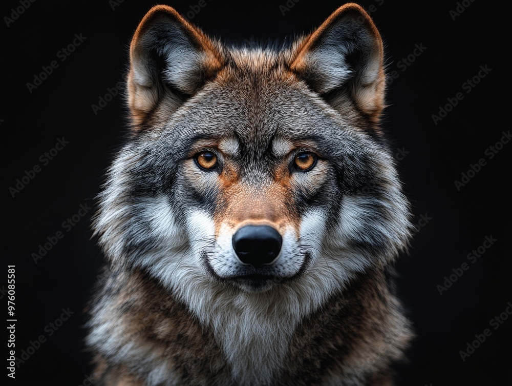 This stunning close-up image captures a wolf's intense gaze against a dark background, highlighting its majestic features and captivating expression. This stunning close-up image captures a wolf's intense gaze against a dark background, highlighting its majestic features and captivating expression.