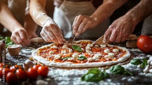 Pizza Making Hands Close Up Tomatoes Basil Homemade
