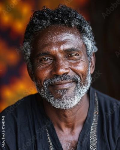 Happy 60 year old Zambian man, cozy outdoors portrait