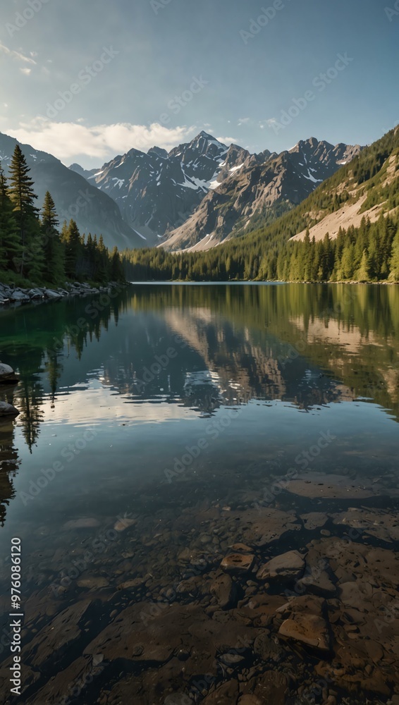 Empty square ground with a mountainous lake scene.