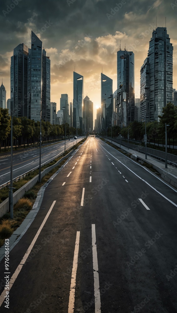 Empty urban road with city buildings; modern highway concept. Empty urban road with city buildings; modern highway concept.