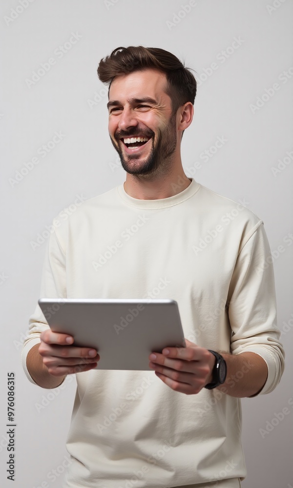 Portrait of a man holding a tablet computer on Pastel Color Background Portrait of a man holding a tablet computer on Pastel Color Background