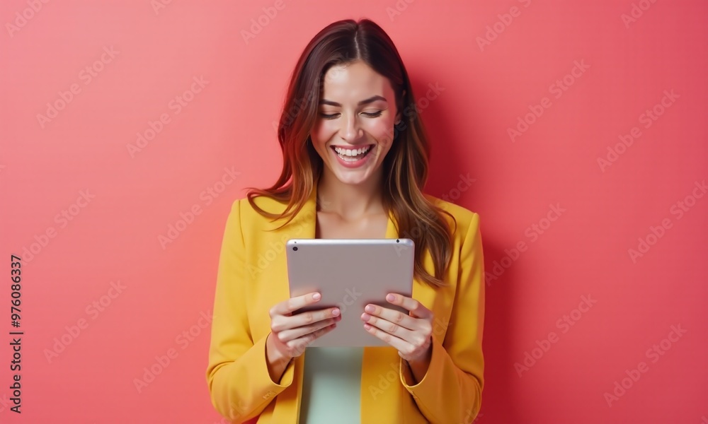 Portrait of a woman holding a tablet computer on Pastel Color Background Portrait of a woman holding a tablet computer on Pastel Color Background