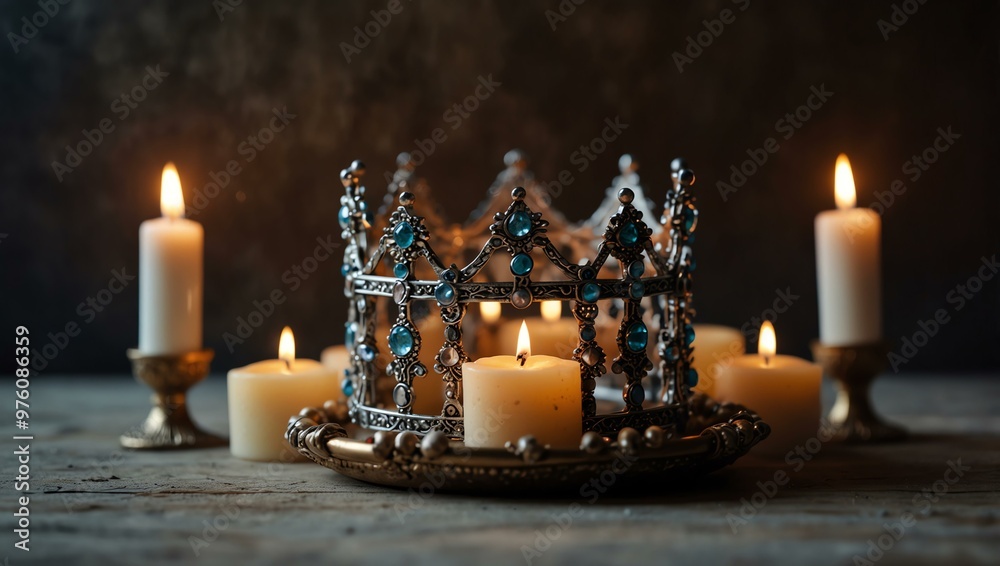 Enchanted crown on a mystical altar surrounded by candles Enchanted crown on a mystical altar surrounded by candles