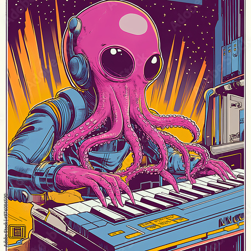 alien playing the piano