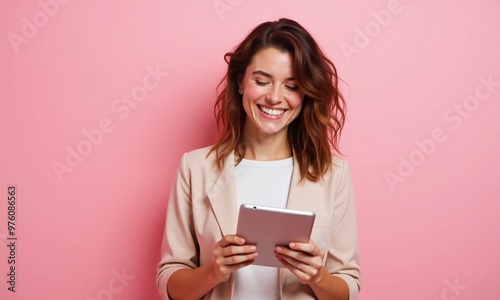 Portrait of a woman holding a tablet computer on Pastel Color Background