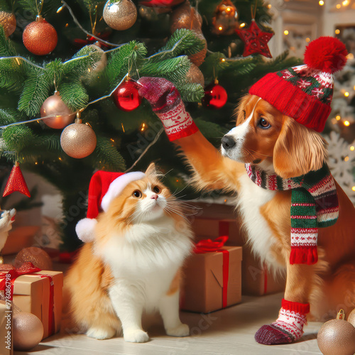 A dog and a cat decorate a Christmas tree together.