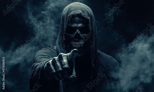 A mysterious hooded figure with a skull mask reaches out ominously through swirling smoke in a dark setting