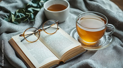 Cozy Reading Nook with Tea and Glasses on Blanket