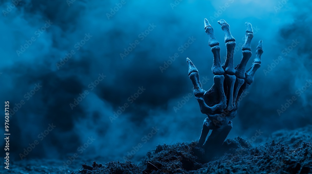 Fototapeta premium Eerie Skeleton Hand Emerging from Ground in Halloween Scene with Blue Tones and Foggy Atmosphere