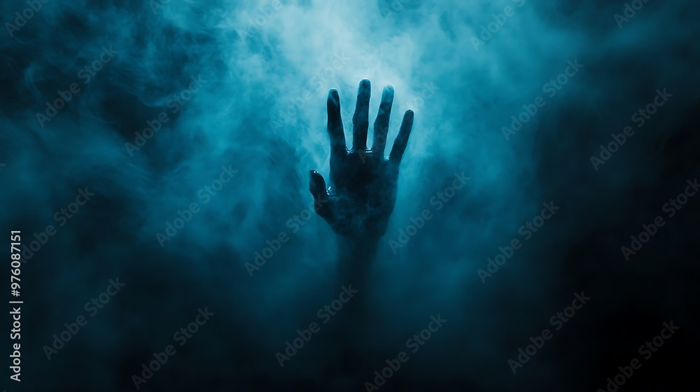 Eerie Halloween Scene with Ghostly Hand Emerging from Misty Ground in Blue Fog and Dark Shadows Eerie Halloween Scene with Ghostly Hand Emerging from Misty Ground in Blue Fog and Dark Shadows
