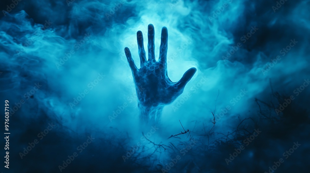 Spooky Ghostly Hand Emerging From Misty Ground in Eerie Blue Fog with Dark Shadows, Halloween Haunted Theme Spooky Ghostly Hand Emerging From Misty Ground in Eerie Blue Fog with Dark Shadows, Halloween Haunted Theme