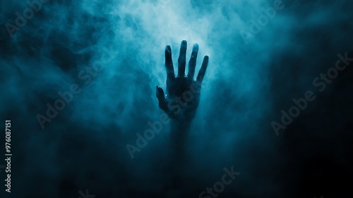 Eerie Halloween Scene with Ghostly Hand Emerging from Misty Ground in Blue Fog and Dark Shadows