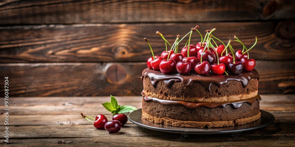 Delicious chocolate cake topped with fresh cherries on rustic wooden background Delicious chocolate cake topped with fresh cherries on rustic wooden background