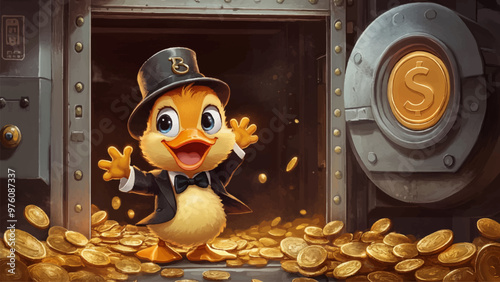 Cheerful Duckling In Tuxedo And Cylinder Hat Standing In Bank Vault Full Of Gold Coins Cartoon Illustration For Childrens Book Adorable Character Playful Kids Storybook Fun