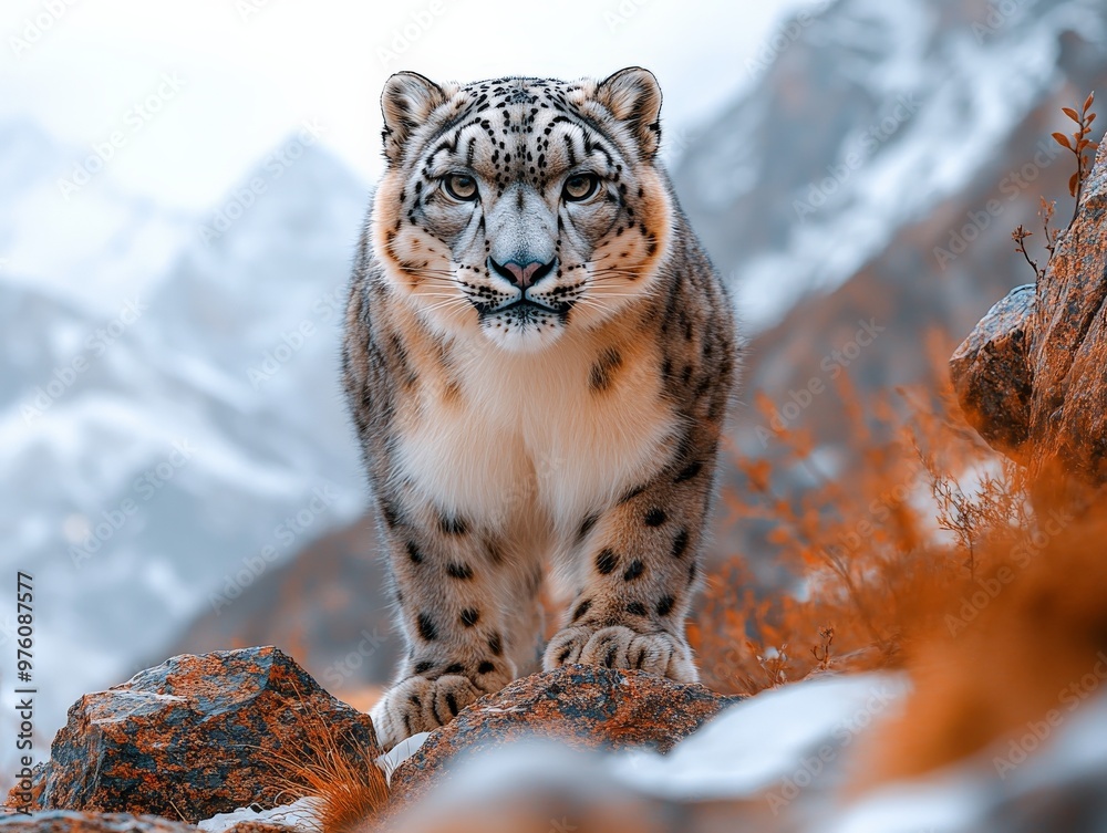 Obraz premium A majestic snow leopard stands poised on rocky terrain, with a backdrop of snowy mountains, capturing its powerful presence and the serene beauty of its natural habitat.