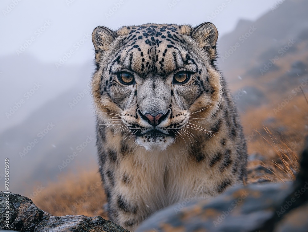 Obraz premium An intense and focused snow leopard gazes ahead in misty rocky surroundings, capturing the essence of its predatory nature and the tranquil yet harsh environment it inhabits.
