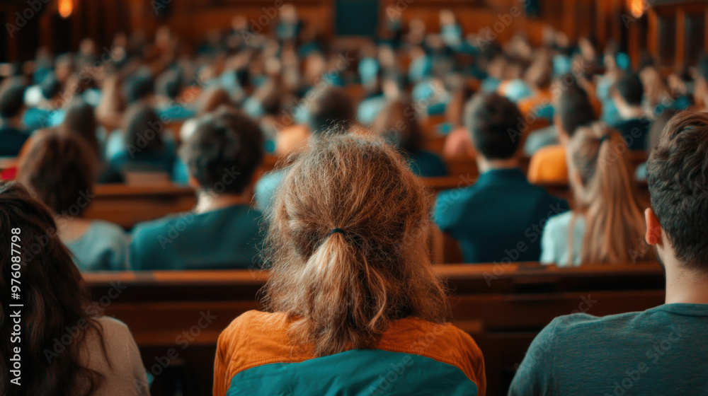 Obraz premium A college lecture hall filled with attentive students listening to a professor