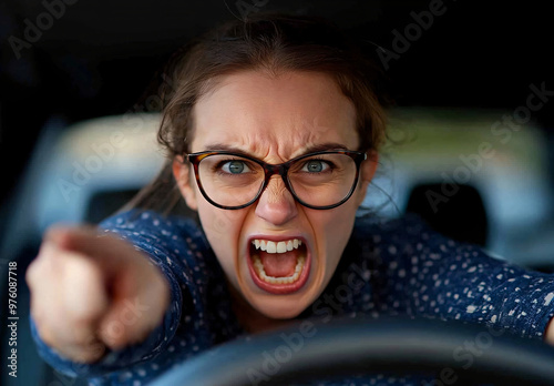 Angry driver shouting and pointing while sitting behind the wheel of a car, conveying road rage and frustration with an aggressive facial expression photo