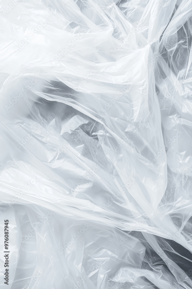 Obraz premium close-up of crumpled translucent plastic material spread out in folds. The white plastic appears light and thin, creating a textured, abstract pattern with soft shadows and highlights
