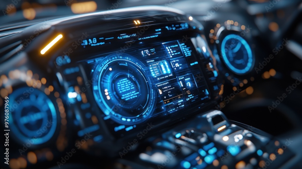 A smart car dashboard with a touch interface showing energy consumption and vehicle status in a modern interior. A smart car dashboard with a touch interface showing energy consumption and vehicle status in a modern interior.
