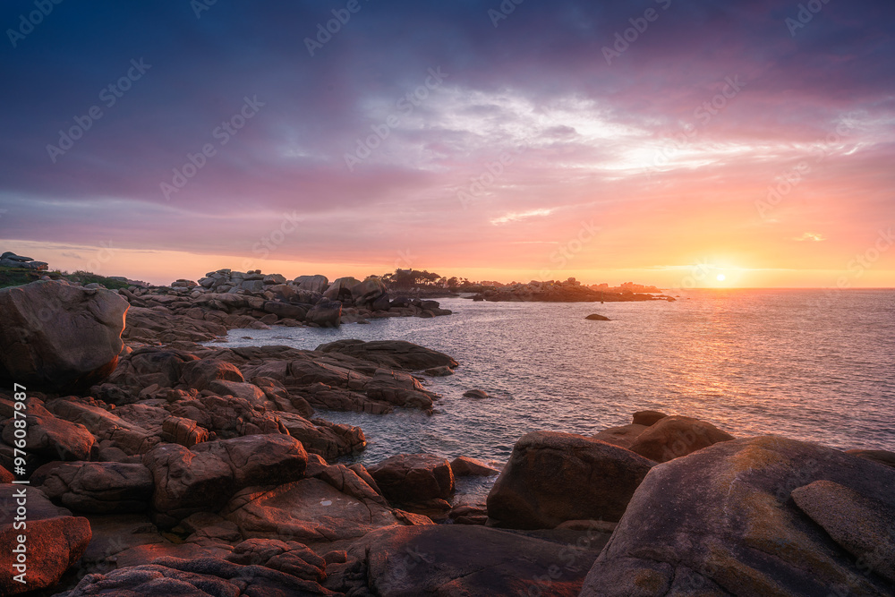 Sunset landscapes at the coastline of the Pink Granite Coast in Brittany, France Sunset landscapes at the coastline of the Pink Granite Coast in Brittany, France