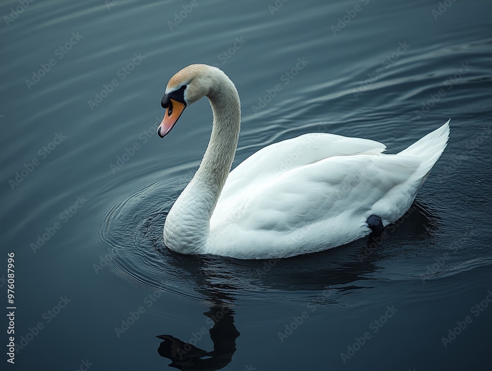 Naklejka premium A graceful white swan floating peacefully on calm blue water, captured in a serene and tranquil moment, embodying purity, beauty, and the gracefulness of nature.