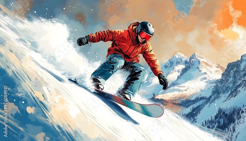 Reader on the snowboard in the mountains, dynamic, disign for t-shirt