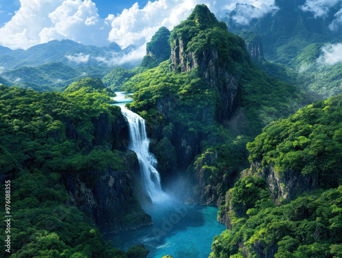 A dense jungle teeming with life, with a waterfall cascading down mossy rocks