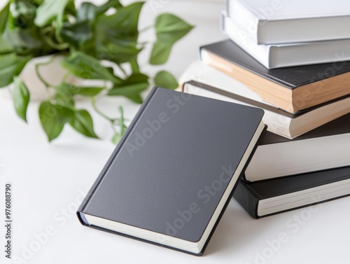 Hardcover journal with a sleek matte cover and a stack of other books in the background, showing versatility in book design concepts photo