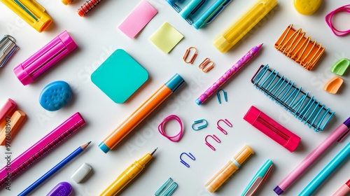 Colorful Stationery and Office Supplies Flat Lay