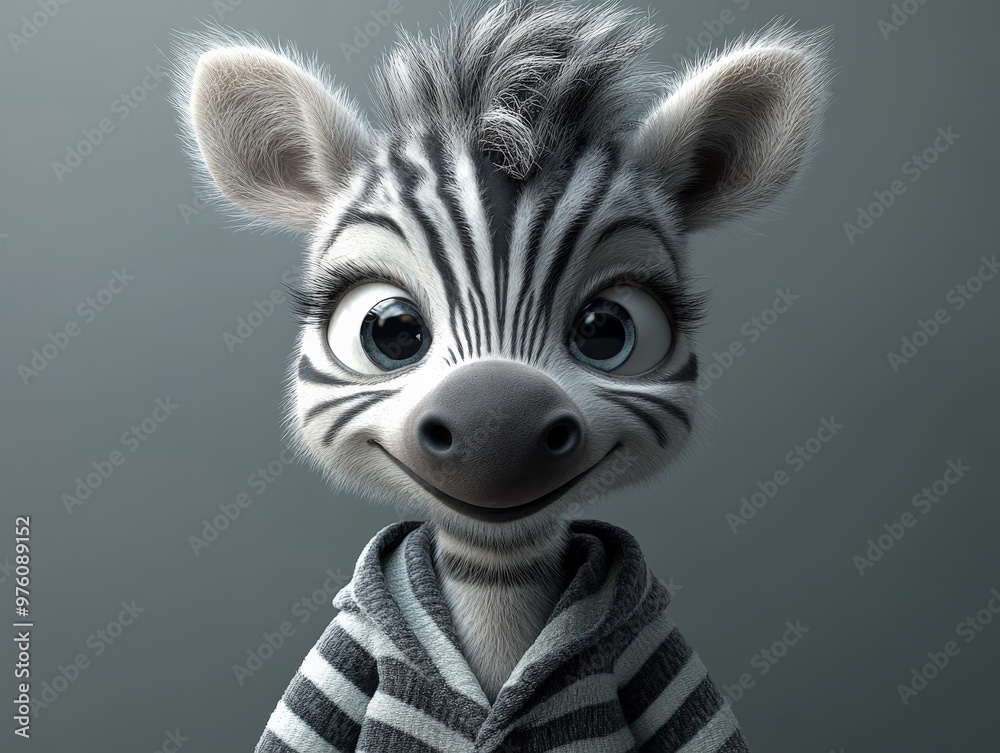 An endearing animated zebra with large eyes and fuzzy hair dressed in a striped outfit is looking forward, evoking a sense of curiosity and delight, set against a plain background. An endearing animated zebra with large eyes and fuzzy hair dressed in a striped outfit is looking forward, evoking a sense of curiosity and delight, set against a plain background.