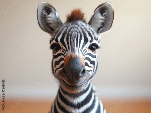 A close-up image of an adorable zebra with a joyful expression on its face, capturing the essence of innocence and playfulness in a heartwarming, artistic portrait. photo