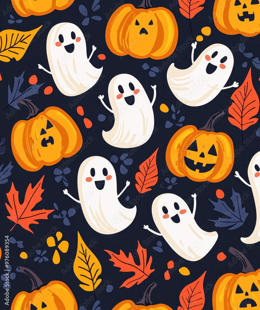 Obraz premium Halloween cute ghosts, pumpkin and flower pattern. Autumn halloween background