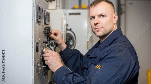 A technician in a navy blue uniform is adjusting settings on a control panel in an industrial environment, demonstrating professionalism in machinery operation and maintenance