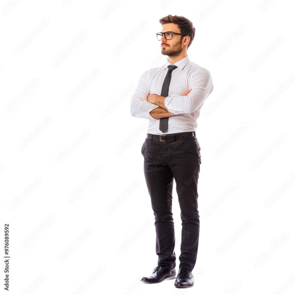 A business analyst standing with crossed arms, looking confidently at an imaginary board. isolated on transparency background A business analyst standing with crossed arms, looking confidently at an imaginary board. isolated on transparency background