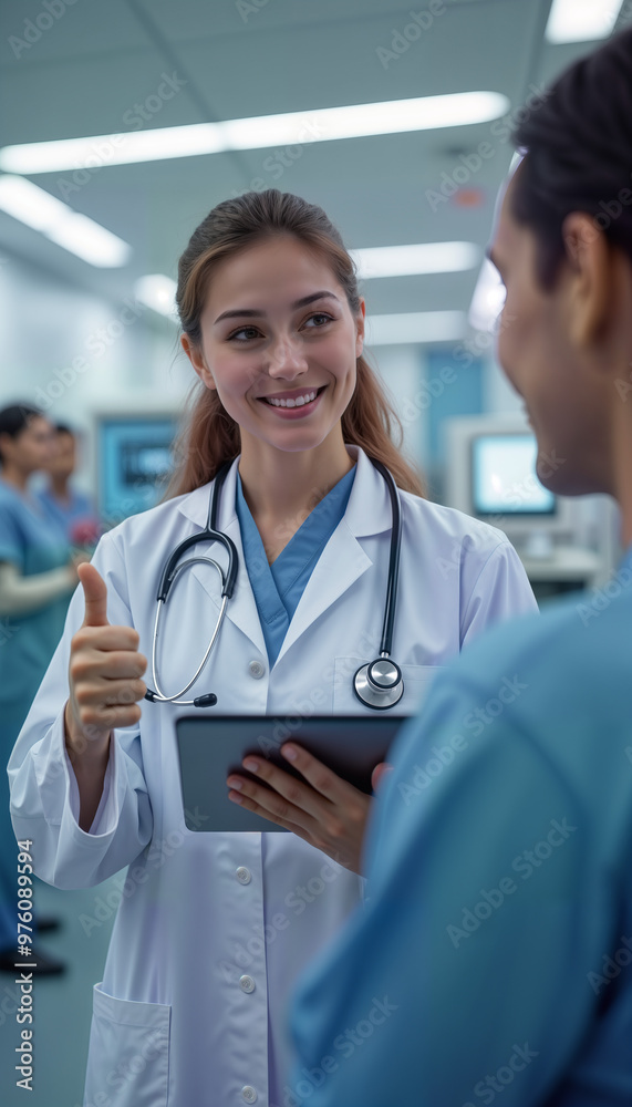 Fototapeta premium Smiling female doctor showcases new medical technology on a tablet while discussing with a colleague in a modern hospital. Ideal for promoting healthcare innovations, medical articles, and technology 