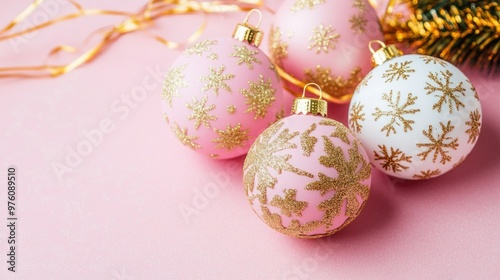 Colorful Christmas ornaments in pink and white with intricate golden snowflake patterns are arranged on a soft pink surface, creating a festive and cheerful atmosphere for the holiday season