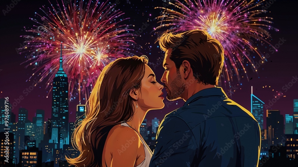 Couple sharing a romantic moment with fireworks in the background of a city skyline Couple sharing a romantic moment with fireworks in the background of a city skyline