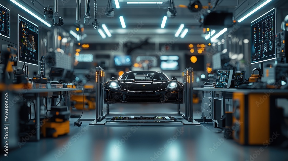 Automated testing setup with car electronics components in a modern lab with bright lighting and analysis screens. Automated testing setup with car electronics components in a modern lab with bright lighting and analysis screens.