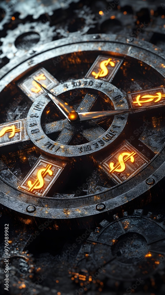 Fototapeta premium Time is Money Clock with Gears and Dollar Symbols